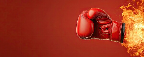 Dynamic red boxing glove with flames, representing power and intensity, set against a bold red background for a striking visual impact.