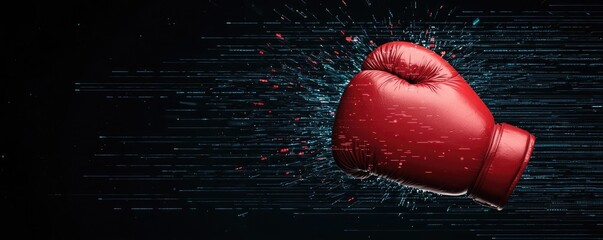 Red boxing glove striking out, surrounded by splashes of liquid, on a dark background, conveying energy and power in sports.