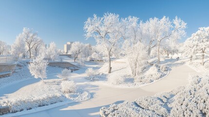Obraz premium Tranquil Winter Wonderland: Snow-Covered City Park with Frosty Trees and Serene Pathways for Peaceful Strolls