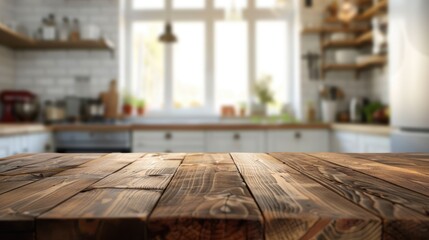 Blurred kitchen counter with wooden table surface.