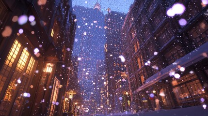 Cozy Winter Charm: Snowflakes Dancing Around Vibrant Storefronts on a City Evening