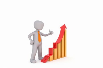 3d man red arrow success chart on white background.