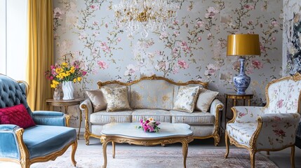 Elegant Living Room with Floral Wallpaper and Chandelier