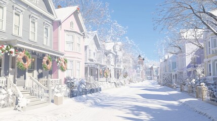 Fototapeta premium Winter Wonderland: Enchanting Snowy Street in Historic District with Colorful Houses and Wreaths, Nostalgic Atmosphere | Ultra-Detailed Photo