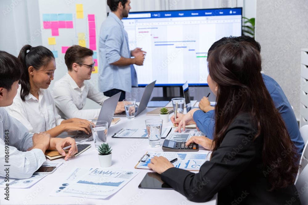 Poster project manager communicate and collaborate with team using project management software display on m