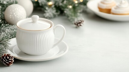 A cozy winter scene featuring a white teacup on a saucer, surrounded by festive greenery, pinecones, and delicious pastries on a soft surface.
