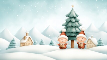 Cheerful Christmas Carolers Singing Around a Village Tree in a Snowy Winter Wonderland, Festive Holiday Tradition with Falling Snow and Cozy Cottages