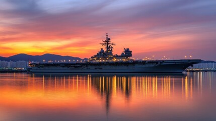 Fototapeta premium Sunset Reflection of a Navy Ship on Calm Waters