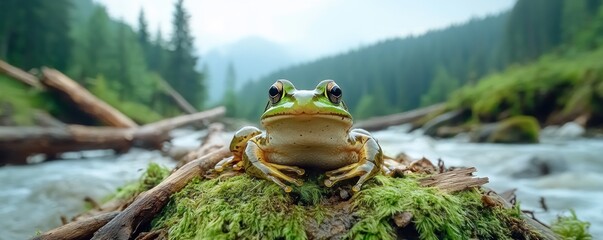 Close-Up Macro Photography of a Green Frog with Moist Skin in Sharp Contrast, Showing the Textures of Nature Wildlife Photography Close-up of a Frog Perched on a Mossy Rock in a Forest Stream