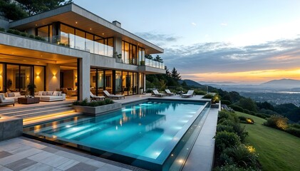 Fototapeta premium Luxurious Hillside Dream House with Infinity Pool and Modern Architecture