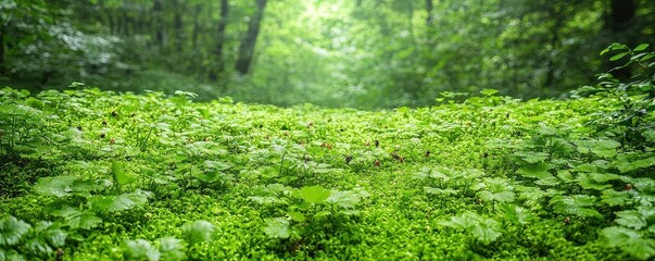 Obraz premium A shaded corner of a temperate forest with dense moss groundcover, small insects and mushrooms visible, a serene and diverse natural habitat