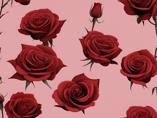 a pattern featuring red roses on a pink background. The roses are in full bloom, with detailed petals and some green leaves visible. There is also a rosebud among the fully bloomed roses