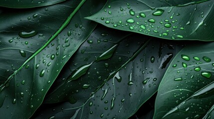 Fototapeta premium Close-up of Green Leaves with Dewdrops and Detailed Veins, High Contrast Nature Photography, Macro Leaf Texture, Water Droplets on Foliage, Natural Background, Lush Greenery, Abstract Leaf Design
