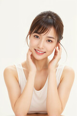 Naklejka premium A woman with a white tank top and brown hair is smiling and posing for a picture