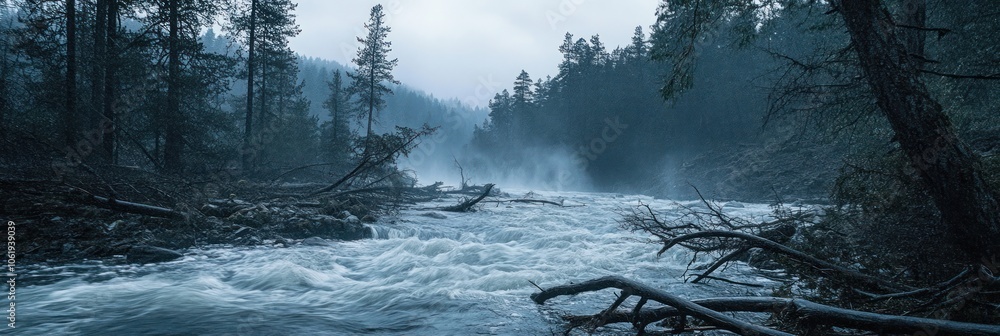 Poster a rushing river flows through a misty forest with fallen branches in the foreground.