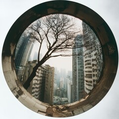 Silhouetted tree branches framing a cityscape of high-rise buildings