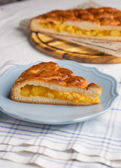 A piece of yeast pie with apple filling on a light background