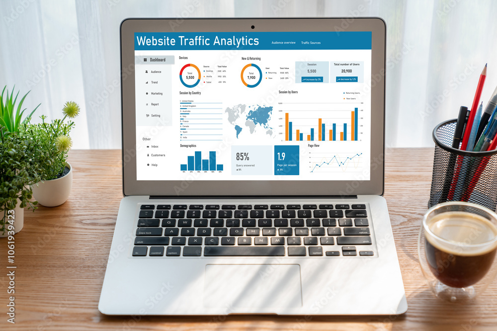 Poster computer software for website traffic analytics data on computer screen. concept of seo search engin