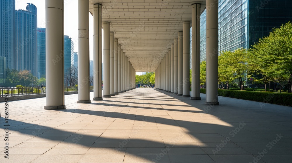 Poster modern architecture with columns and shadows in city