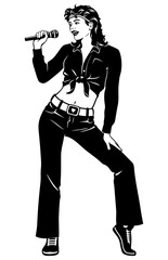 Naklejka premium Pop, Rock Singer Girl in Jeans and Cut Top. Black and white vector clipart isolated on white.