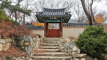 Obraz premium Traditional Asian Gateway in Serene Garden Setting