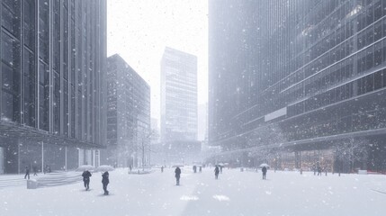 Winter Rush Hour in the City: People with Umbrellas Walking Through a Snowy Downtown Landscape with Tall Office Buildings