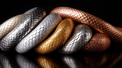 Fototapeta premium Stylized snake scales in soft metallic tones create an artistic display on a reflective surface