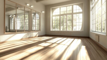 Obraz premium Bright Empty Room with Large Windows and Wooden Floor