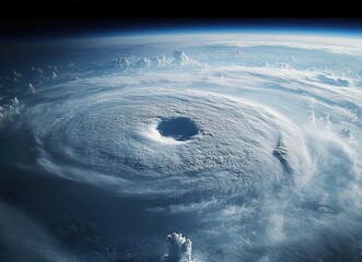 Aerial view of a powerful hurricane swirling over the ocean