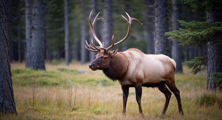 Elk with antlers in a forest 