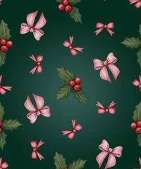 Fotobehang Tropische Bladeren christmas and new year seamless pattern with berries and bows. background  © Peviotadesign