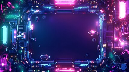 Fototapeta premium Futuristic abstract frame with neon lights and dark background.