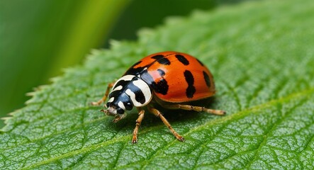 Fototapeta premium Ladybug crawling on a leaf 