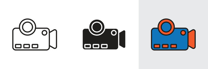 Vector video camera icon for film recording, cinema symbols, media reel playback and multimedia graphics