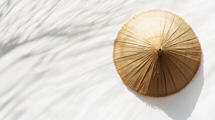 Overhead view of a traditional straw umbrella against a plain white backdrop