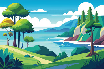 landscape with trees and sea vector illustration