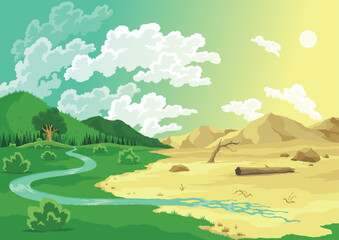 Climate change with land degradation. Global desertification environmental problems. Soil erosion. Global warming concept