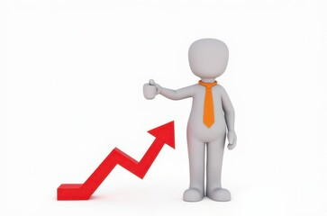 3d man red arrow success chart on white background.