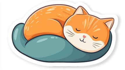 Fototapeta premium A cute orange cat sleeping peacefully on a cozy blue cushion, perfect for pet lovers and cozy home decor.