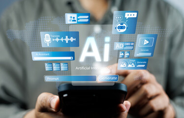 Businessman use artificial intelligence AI technology for enhanced work efficiency data analysis...
