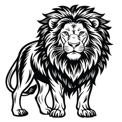 Black and White Lion Illustration with Detailed Mane