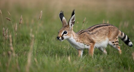 Naklejka premium Serval hunting in tall grass 