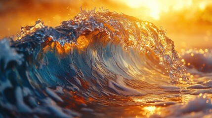 A close-up view of a breaking wave with golden sunset light reflecting on the water.