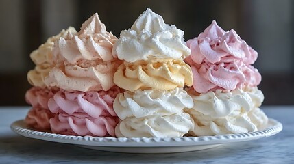 Fluffy meringues in pastel colors, stacked on a white plate