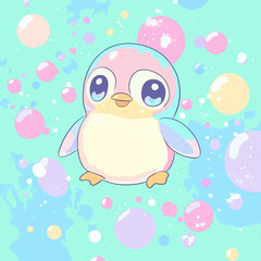 A charming kawaii penguin surrounded by colorful bubbles in a whimsical underwater setting