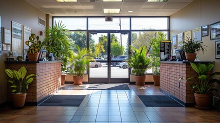 Obraz premium A welcoming commercial building entrance with greenery, large windows, and natural light highlighted by potted plants and a tiled floor, creating an inviting and professional office atmosphere