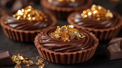 Mini chocolate tarts with rich chocolate filling and edible gold leaf decoration