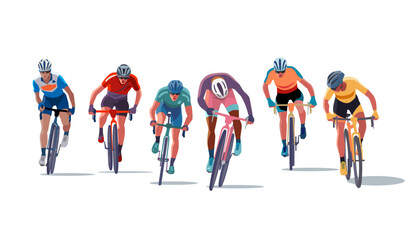 Men's professional cycling race. Cyclists near the finish line fight for victory. Athletes on bicycles vector design on isolated background.