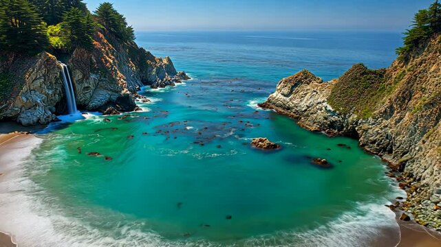 A waterfall cascades into a secluded cove on the California coast