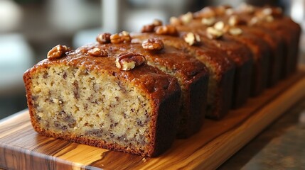 Classic banana bread loaf with walnuts, sliced on a wooden board